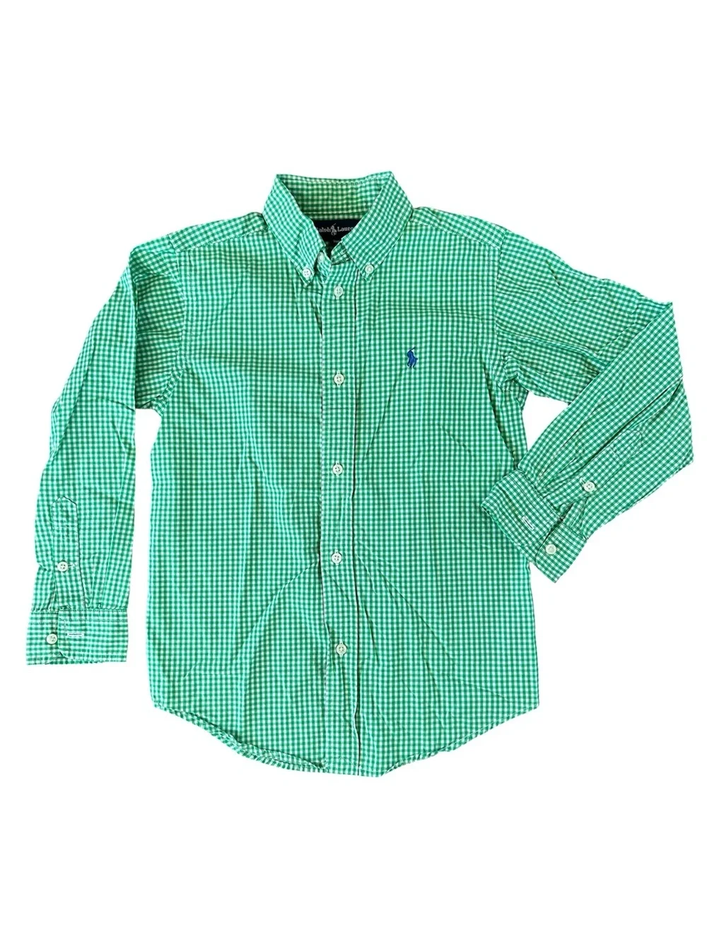 Ralph Lauren | Boys Green/White Gingham Long Sleeve Button Up Oxford Shirt Sz 7